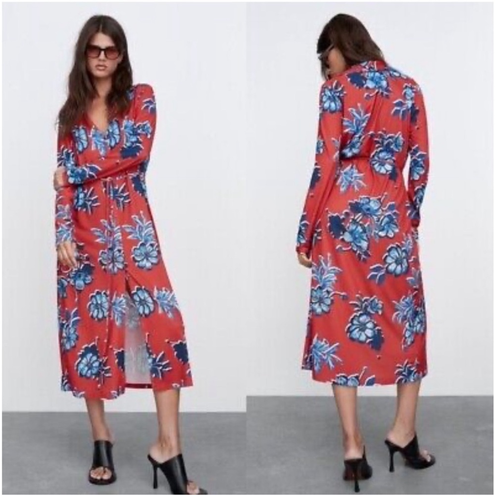 Zara Red Floral Button Front Long Sleeves Midi Dress Medium
